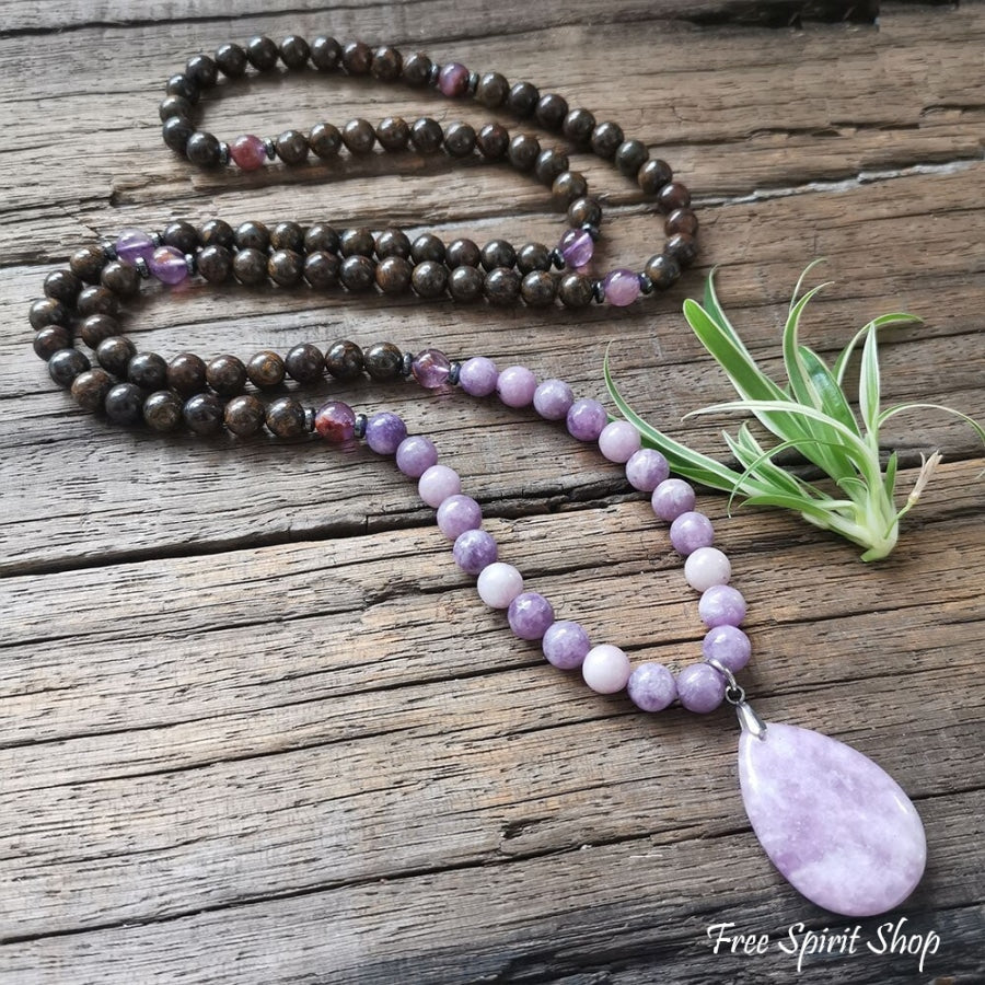 108 Natural Bronzite & Purple Lepidolite Mala Bead Necklace - Free Spirit Shop