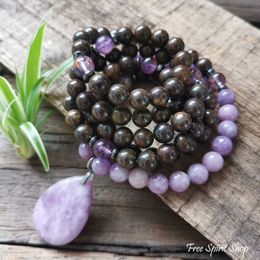 108 Natural Bronzite & Purple Lepidolite Mala Bead Necklace - Free Spirit Shop