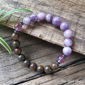 108 Natural Bronzite & Purple Lepidolite Mala Bead Necklace - Free Spirit Shop