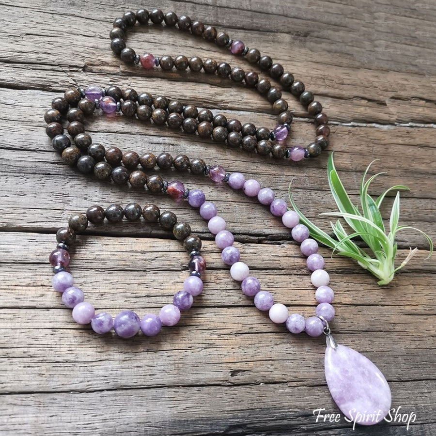 108 Natural Bronzite & Purple Lepidolite Mala Bead Necklace - Free Spirit Shop