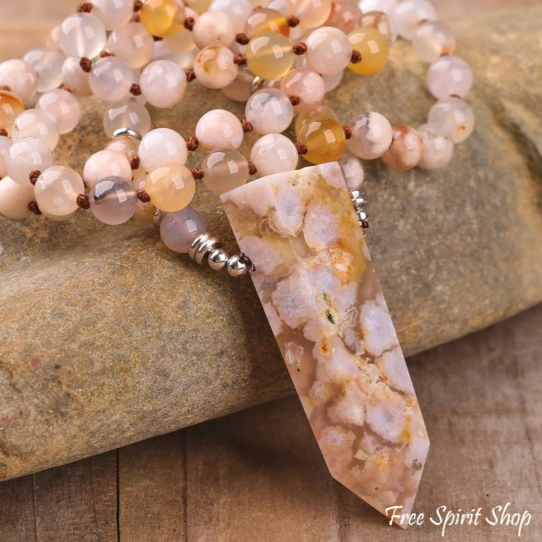 108 Natural Cherry Blossom Agate Gemstone Bead Necklace - Free Spirit Shop