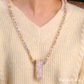108 Natural Cherry Blossom Agate Gemstone Bead Necklace - Free Spirit Shop