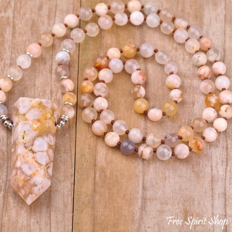 108 Natural Cherry Blossom Agate Gemstone Bead Necklace - Free Spirit Shop