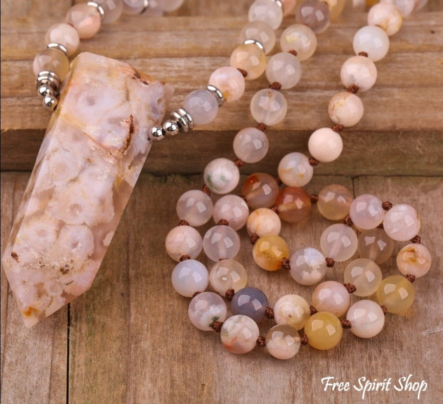 108 Natural Cherry Blossom Agate Gemstone Bead Necklace - Free Spirit Shop