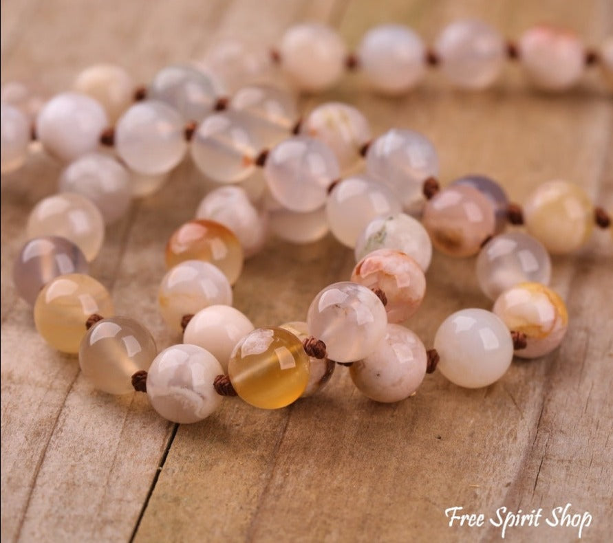 108 Natural Cherry Blossom Agate Gemstone Bead Necklace - Free Spirit Shop