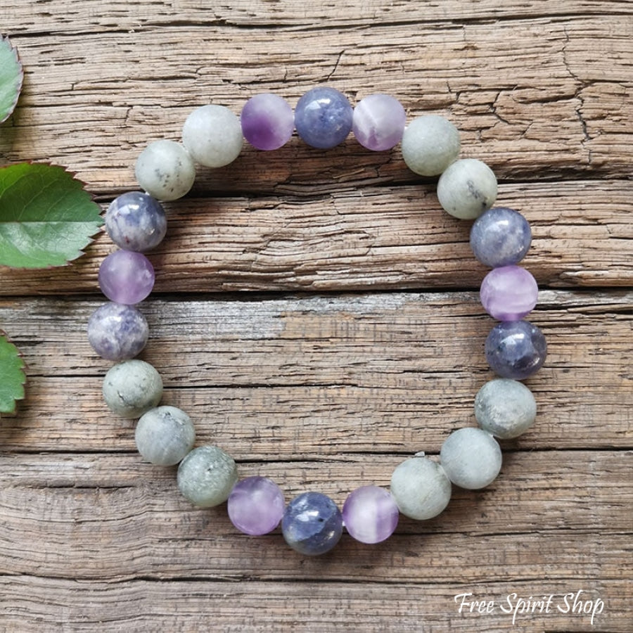 108 Natural Cordierite Amethyst & Labradorite Mala Bead Necklace - Free Spirit Shop