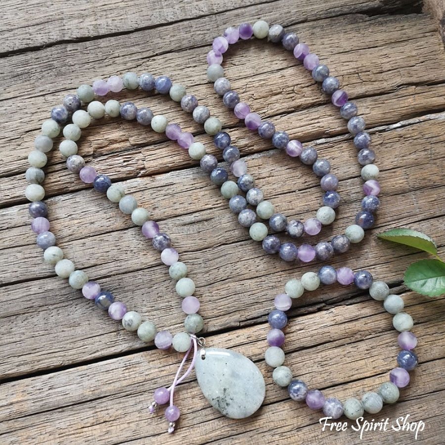 108 Natural Cordierite Amethyst & Labradorite Mala Bead Necklace - Free Spirit Shop