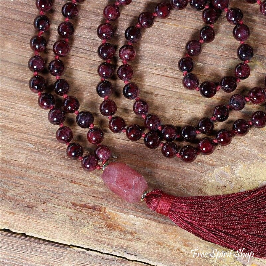 108 Natural Garnet Mala Bead Necklace - Free Spirit Shop