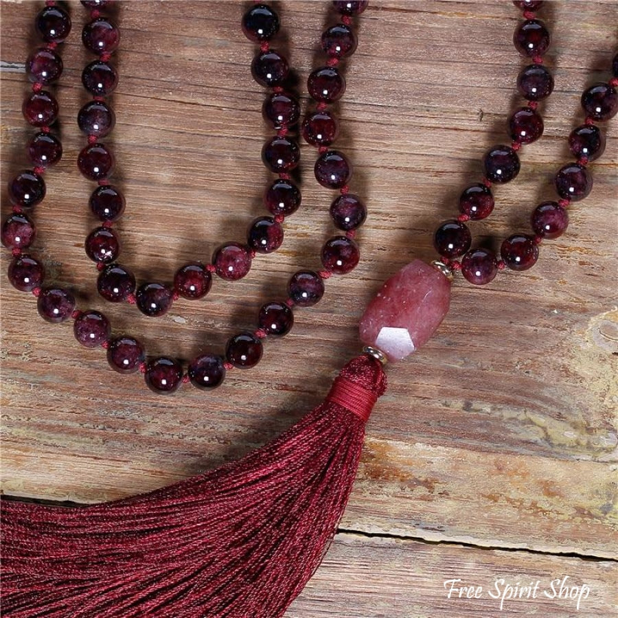 108 Natural Garnet Mala Bead Necklace - Free Spirit Shop