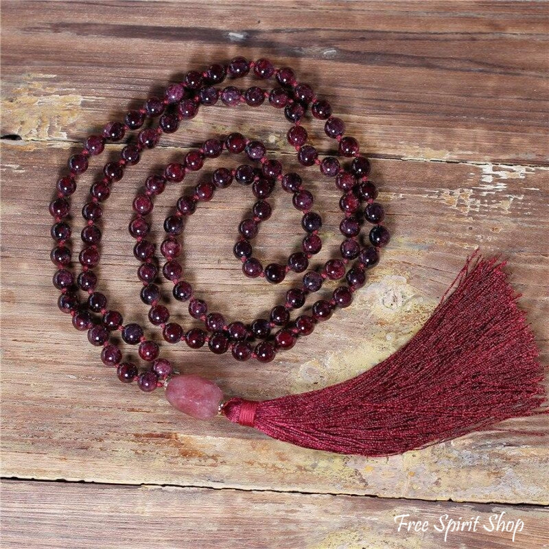 108 Natural Garnet Mala Bead Necklace