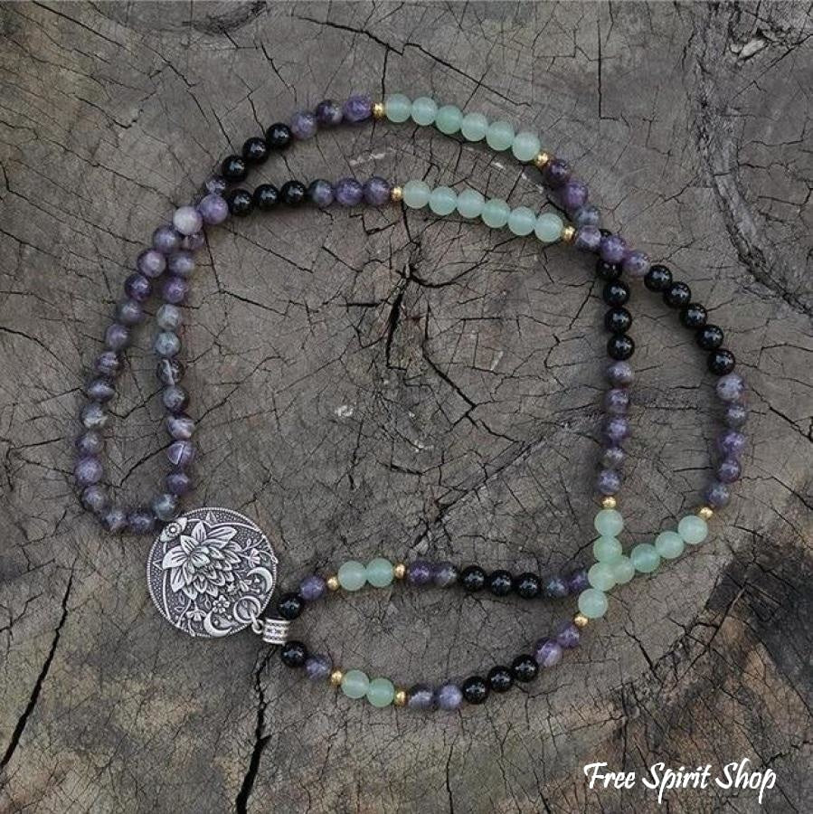 108 Natural Green Aventurine Amethyst & Black Onyx Mala Bead Necklace / Bracelet - Free Spirit Shop