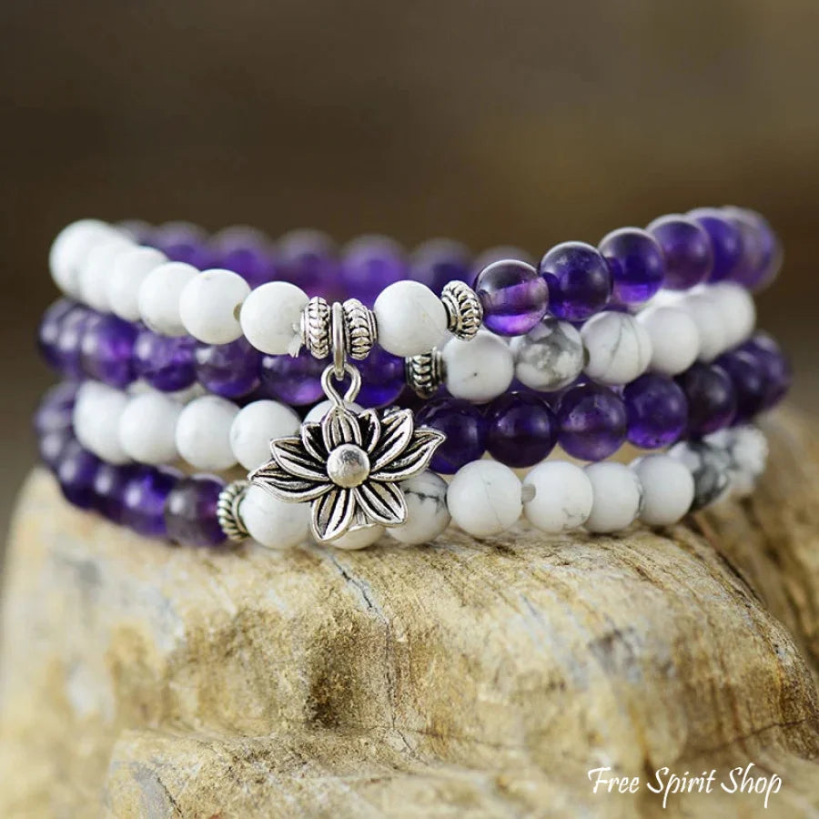 108 Natural Howlite & Amethyst Mala Bead Bracelet - Free Spirit Shop