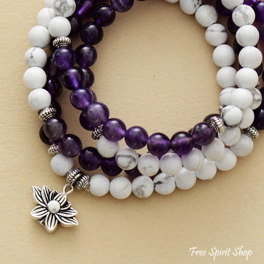 108 Natural Howlite & Amethyst Mala Bead Bracelet - Free Spirit Shop