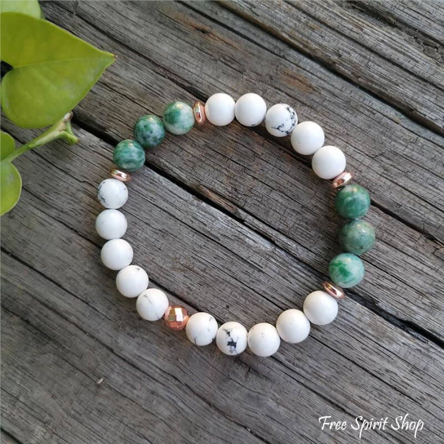 108 Natural Howlite & Green Jasper Mala Bead Necklace & Bracelet - Free Spirit Shop