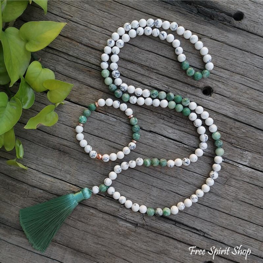 108 Natural Howlite & Green Jasper Mala Bead Necklace & Bracelet - Free Spirit Shop