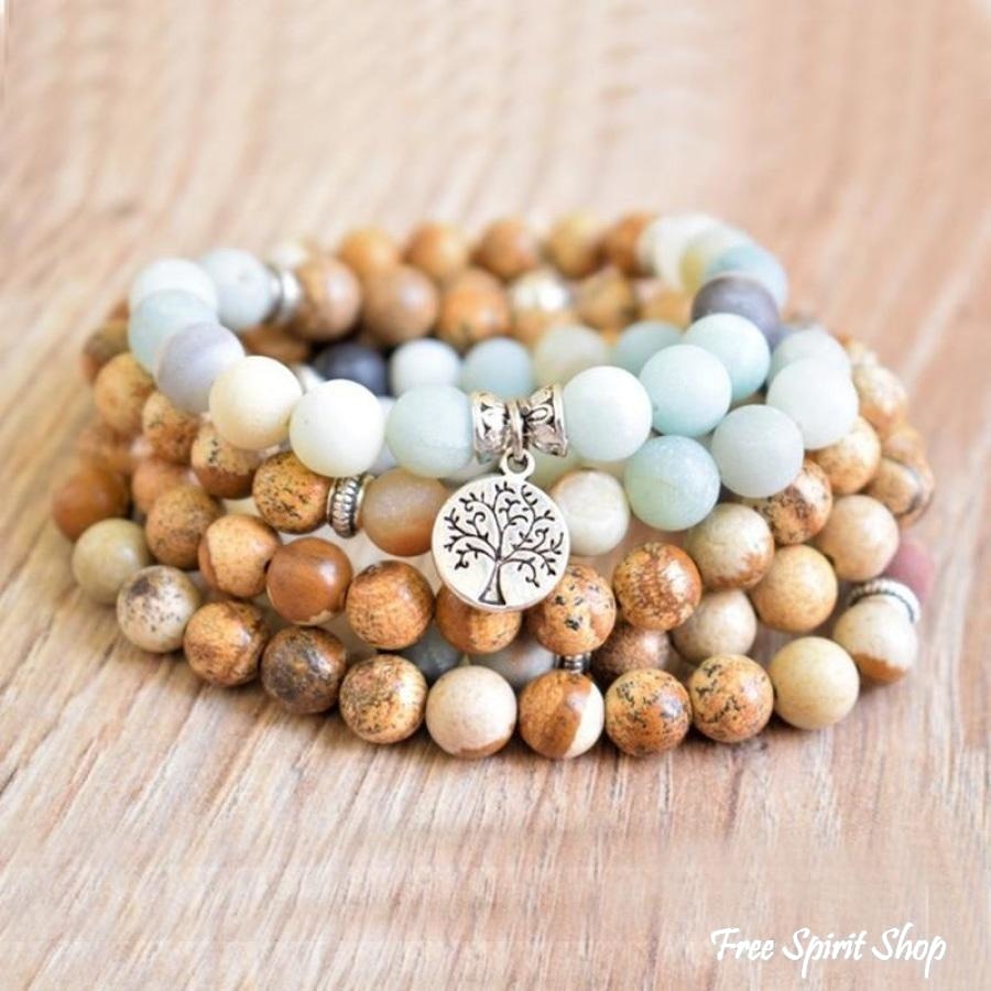 108 Natural Jasper & Amazonite Tree of Life Mala Beads - Free Spirit Shop