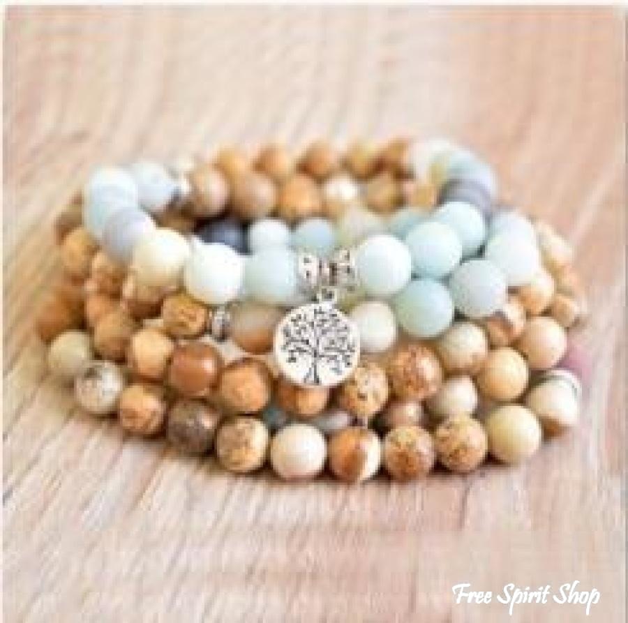 108 Natural Jasper & Amazonite Tree of Life Mala Beads - Free Spirit Shop