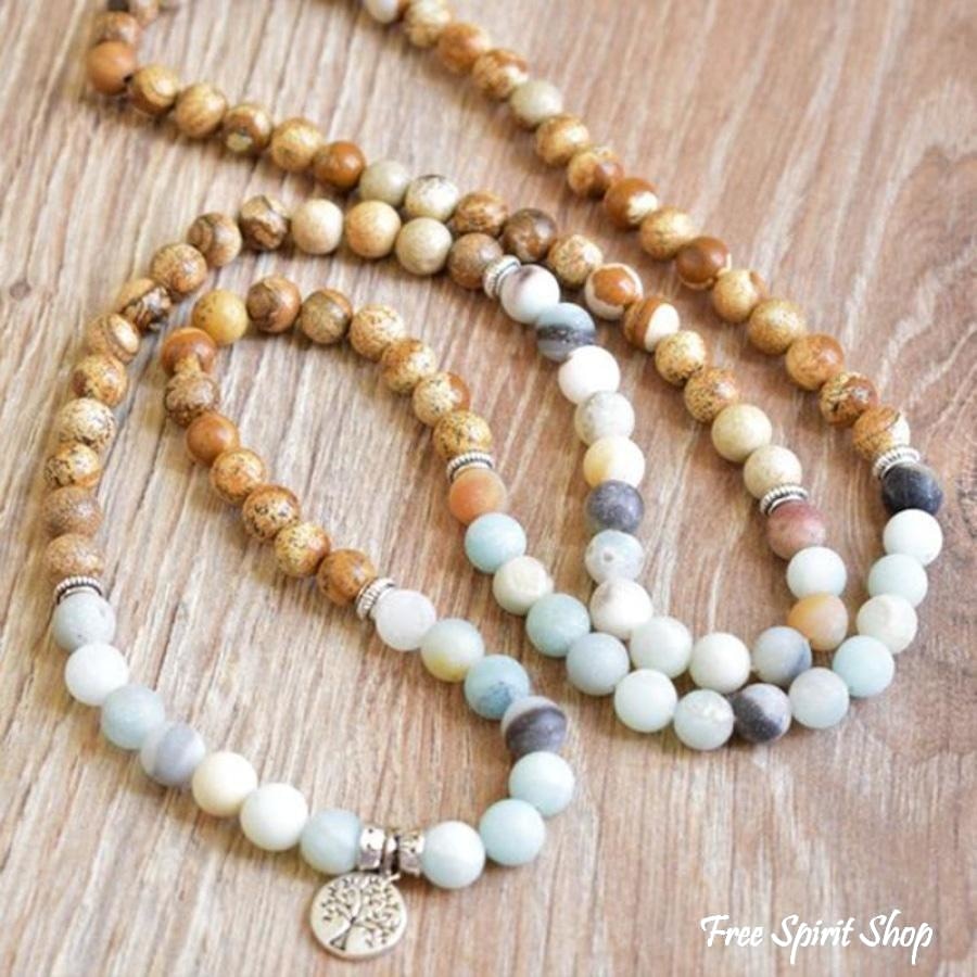 108 Natural Jasper & Amazonite Tree of Life Mala Beads - Free Spirit Shop