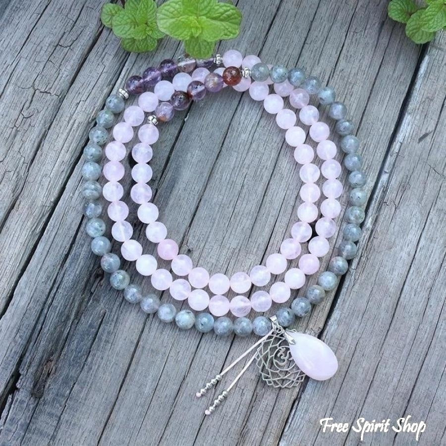 108 Natural Labradorite White Jade and Amethyst Mala Beads Necklace / Bracelet - Free Spirit Shop