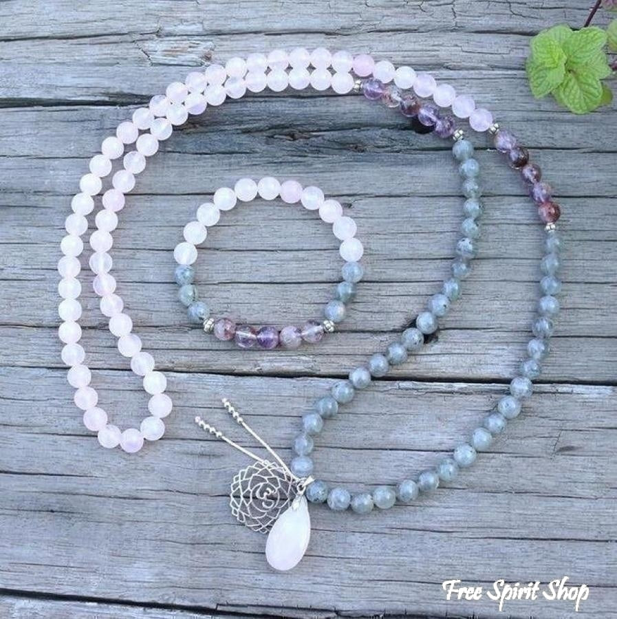 108 Natural Labradorite White Jade and Amethyst Mala Beads Necklace / Bracelet - Free Spirit Shop