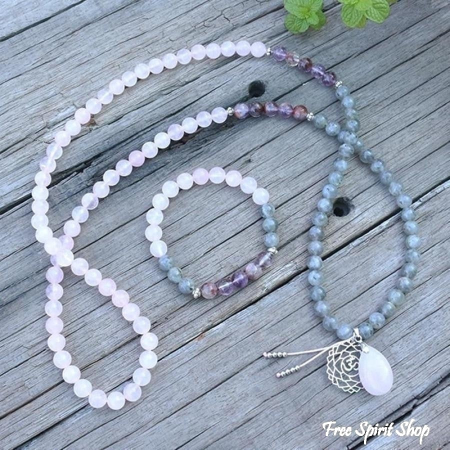 108 Natural Labradorite White Jade and Amethyst Mala Beads Necklace / Bracelet - Free Spirit Shop