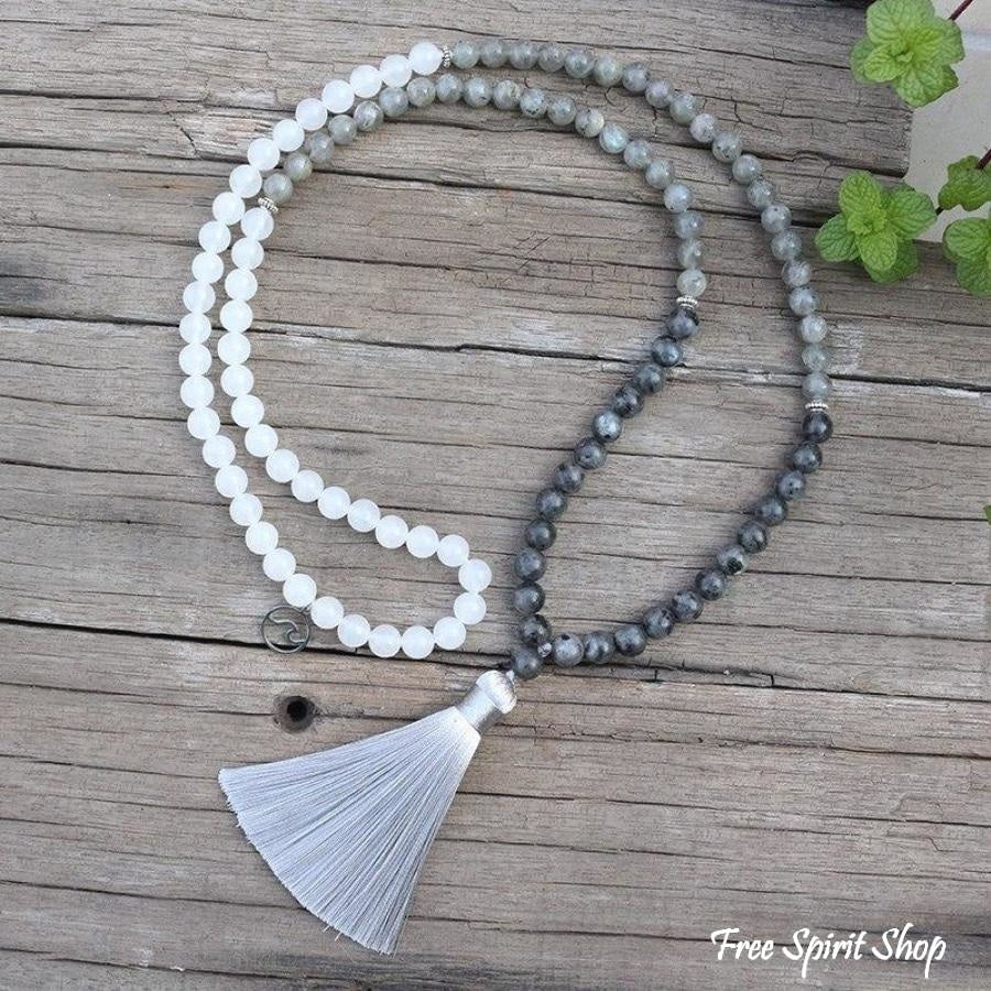 108 Natural Labradorite & White Stone Mala Bead Necklace / Bracelet - Free Spirit Shop