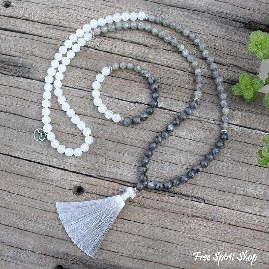 108 Natural Labradorite & White Stone Mala Bead Necklace / Bracelet - Free Spirit Shop