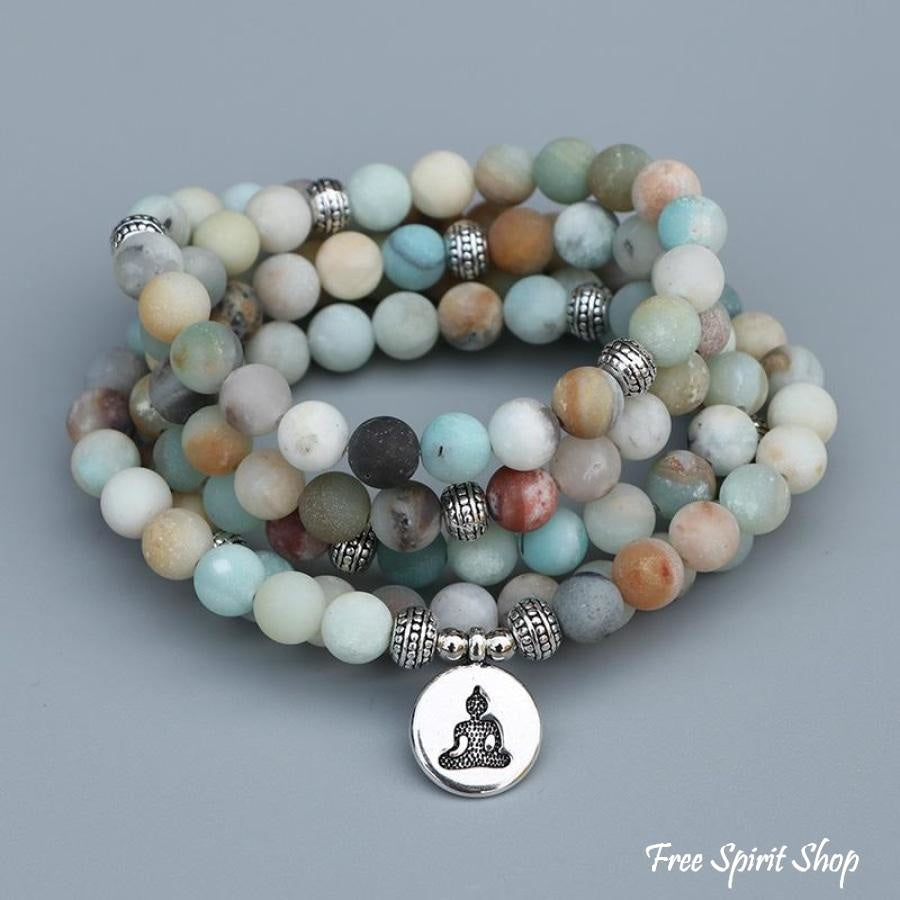 108 Natural Matte Amazonite Gemstone Mala Bead Bracelet - Free Spirit Shop