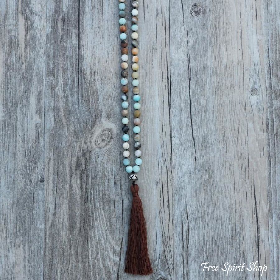 108 Natural Matte Amazonite Stone Bead Mala Prayer With Tassel - Free Spirit Shop