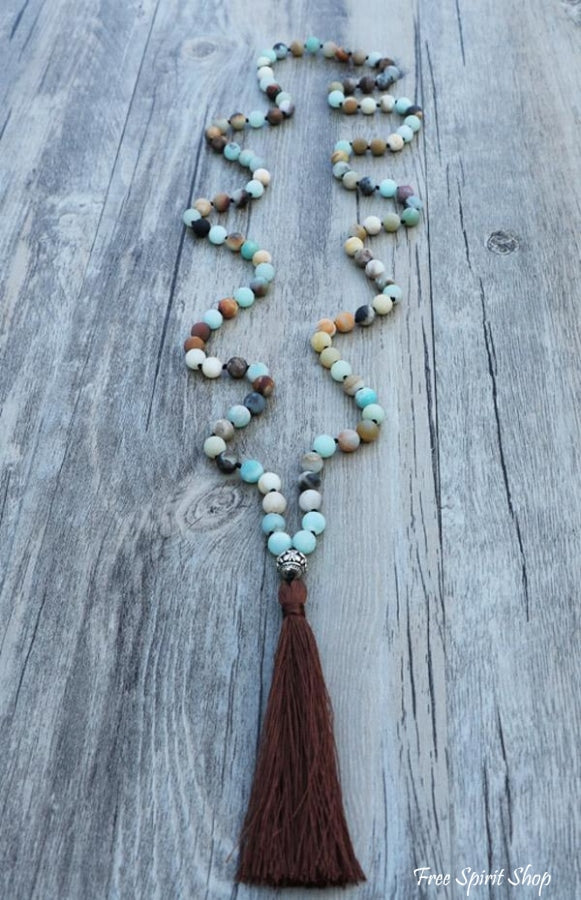 108 Natural Matte Amazonite Stone Bead Mala Prayer With Tassel - Free Spirit Shop