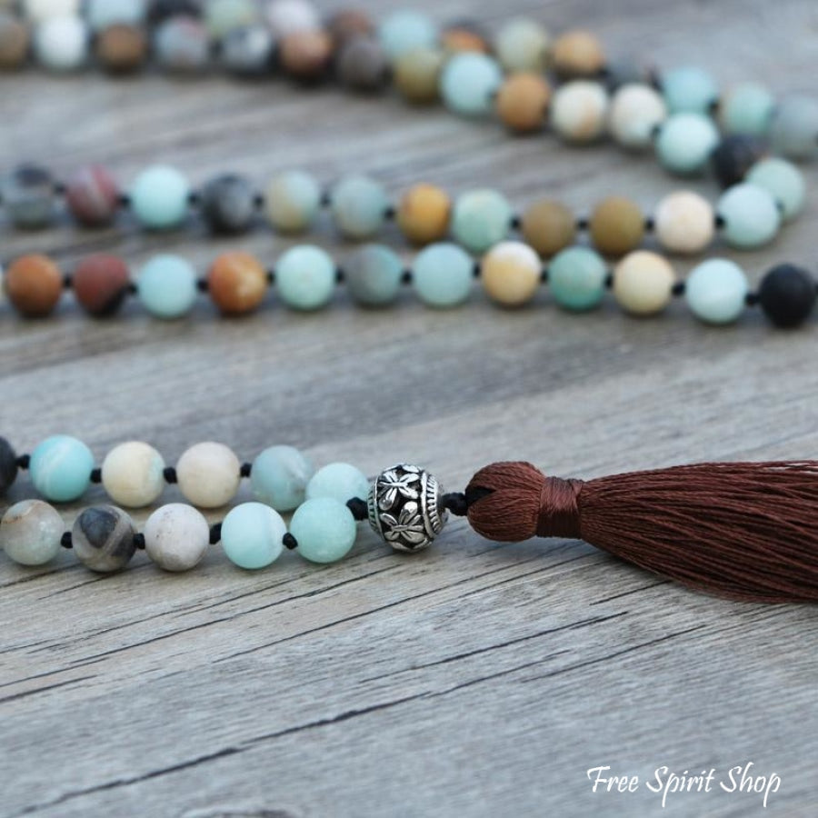 108 Natural Matte Amazonite Stone Bead Mala Prayer With Tassel - Free Spirit Shop