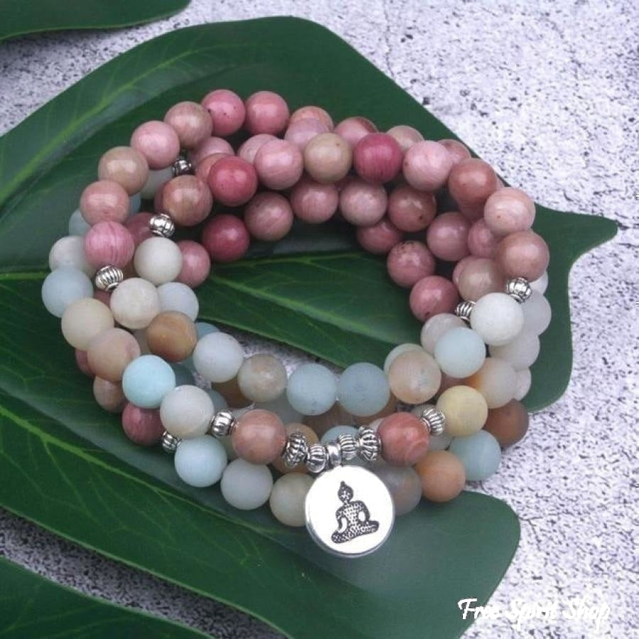 108 Natural Rhodonite and Matte Amazonite Mala Bead Bracelet - Free Spirit Shop