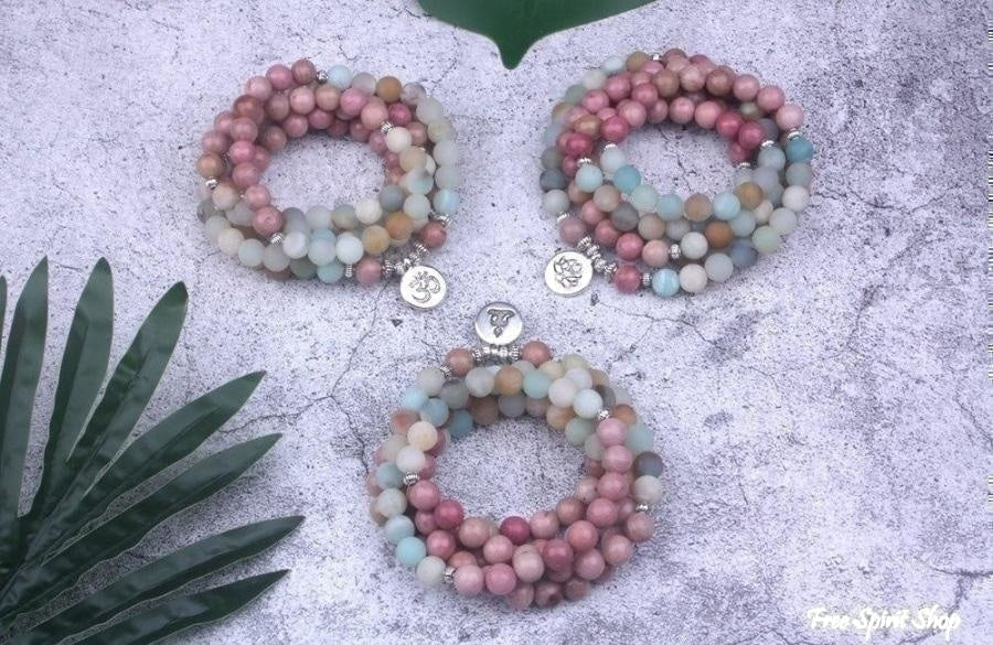 108 Natural Rhodonite and Matte Amazonite Mala Bead Bracelet - Free Spirit Shop