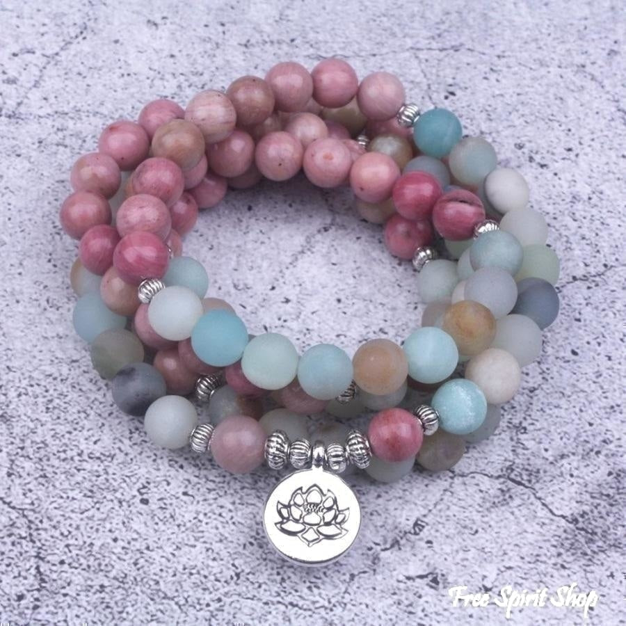 108 Natural Rhodonite and Matte Amazonite Mala Bead Bracelet - Free Spirit Shop