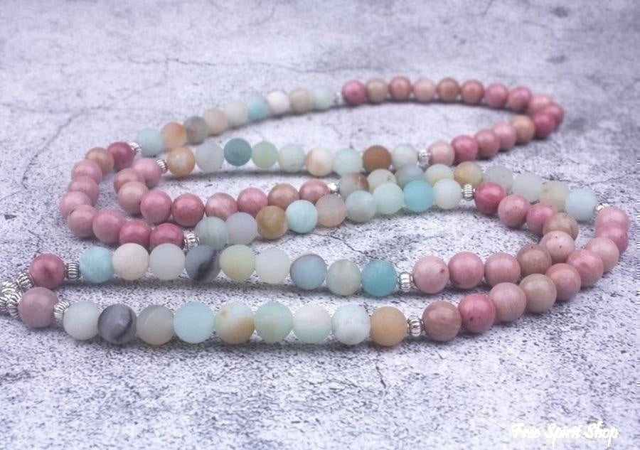 108 Natural Rhodonite and Matte Amazonite Mala Bead Bracelet - Free Spirit Shop