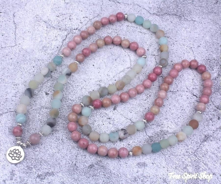 108 Natural Rhodonite and Matte Amazonite Mala Bead Bracelet - Free Spirit Shop