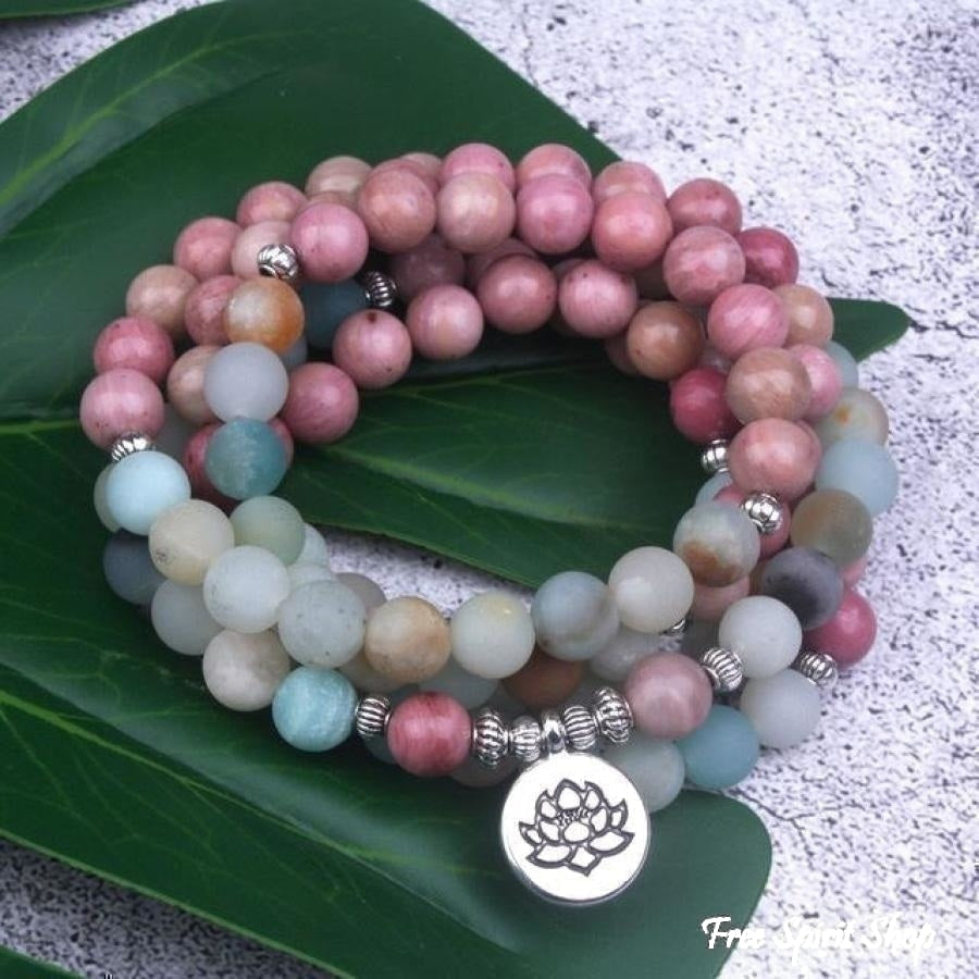 108 Natural Rhodonite and Matte Amazonite Mala Bead Bracelet - Free Spirit Shop