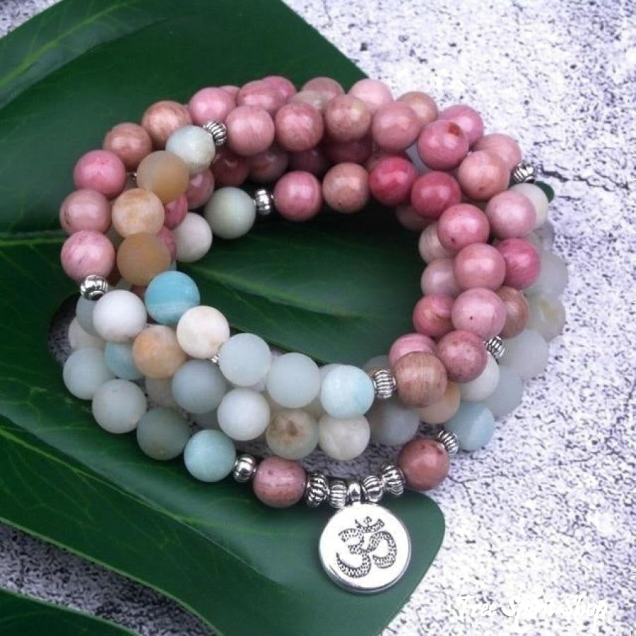 108 Natural Rhodonite and Matte Amazonite Mala Bead Bracelet - Free Spirit Shop