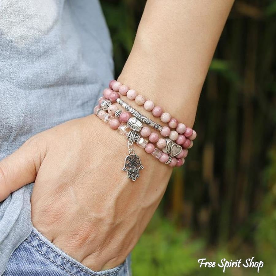 108 Natural Rhodonite & Spiritual Charms Mala Beads - Free Spirit Shop