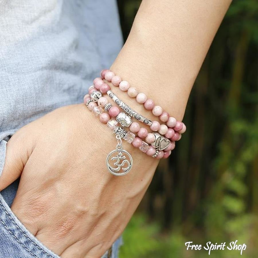 108 Natural Rhodonite & Spiritual Charms Mala Beads - Free Spirit Shop