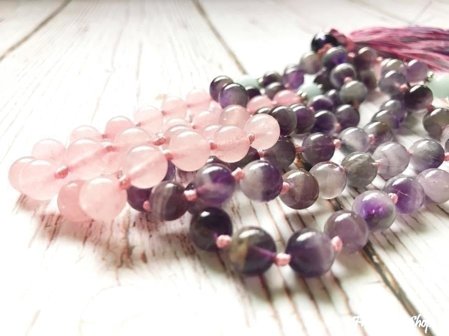 108 Natural Rose Quartz & Amethyst Mala Beads Necklace - Free Spirit Shop