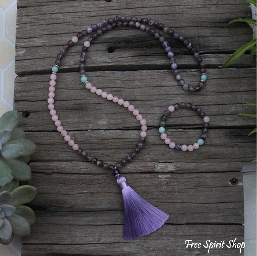 108 Natural Rose Quartz & Amethyst Mala Beads Necklace / Bracelet - Free Spirit Shop