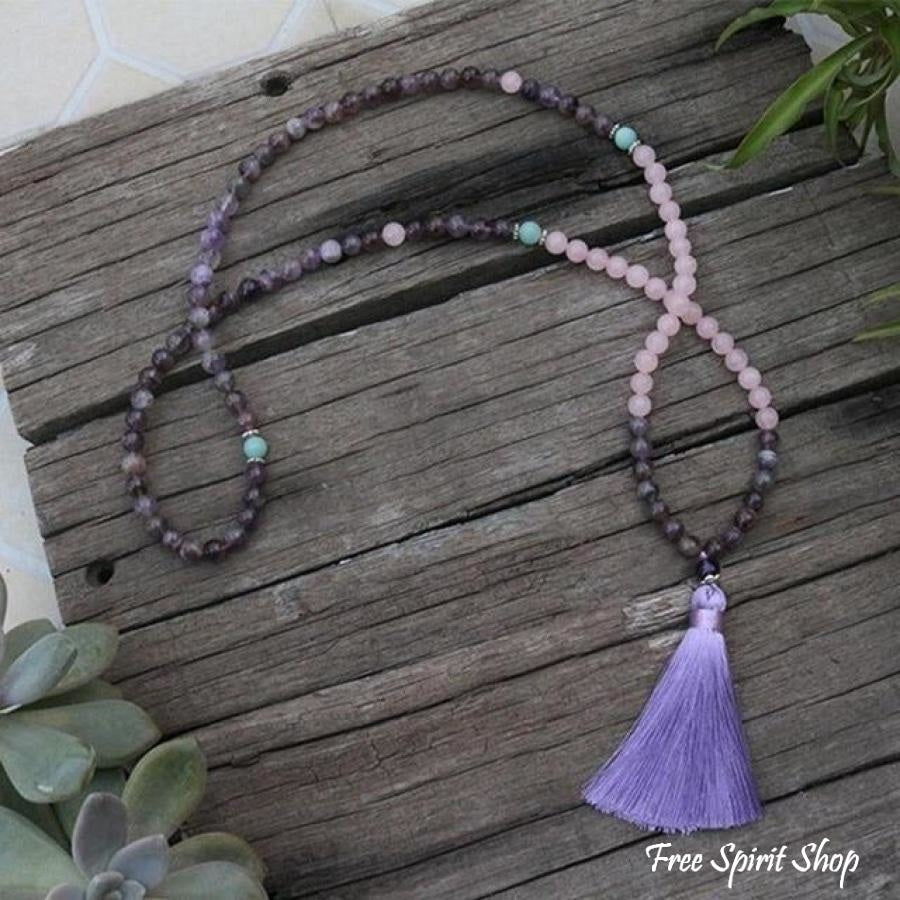 thumbnail image 2 of Raw Rose Quartz Arrowhead Charm Mala Beads Necklace – Healing Protection, Knotted 2 of 6