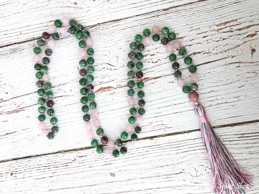 108 Natural Rose Quartz & Ruby Green Gemstone Bead Mala Prayer Necklace - Free Spirit Shop