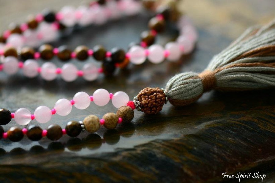 108 Natural Rose Quartz Tiger Eye Jasper Gemstone Mala Bead Necklace - Free Spirit Shop