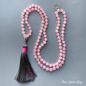 108 Natural Rose Quartz Tree Of Life Mala Bead Necklace