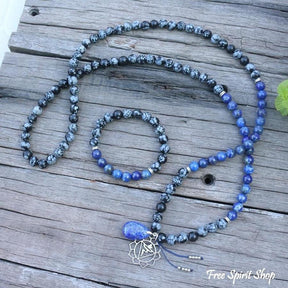 108 Natural Snowflake Obsidian & Lapis Lazuli Mala Prayer Beads necklace / bracelet - Free Spirit Shop