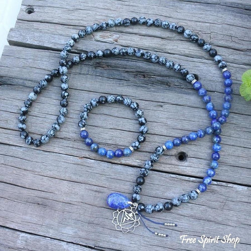 108 Natural Snowflake Obsidian & Lapis Lazuli Mala Prayer Beads neckla