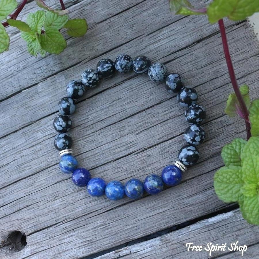 108 Natural Snowflake Obsidian & Lapis Lazuli Mala Prayer Beads necklace / bracelet - Free Spirit Shop