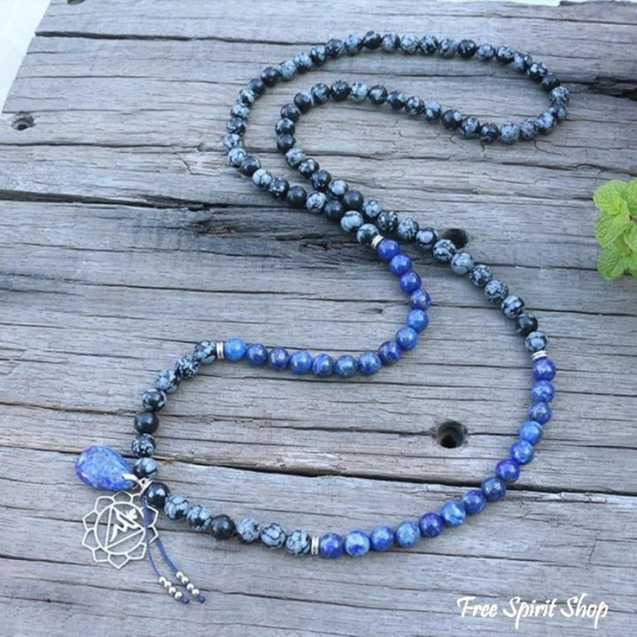 108 Natural Snowflake Obsidian & Lapis Lazuli Mala Prayer Beads necklace / bracelet - Free Spirit Shop